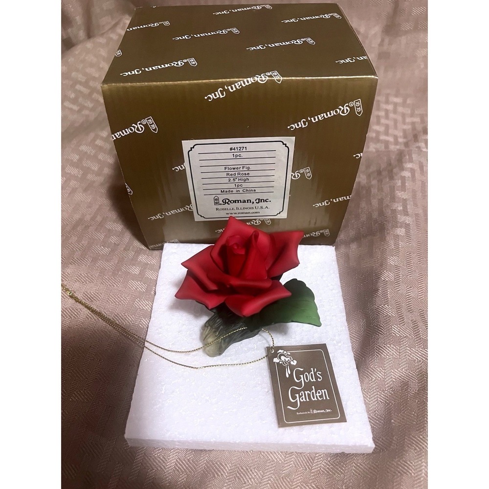 Rare ROMAN Inc. Flower Figurine Red ROSE Porcelain 3D in Box 3.25" In Box
